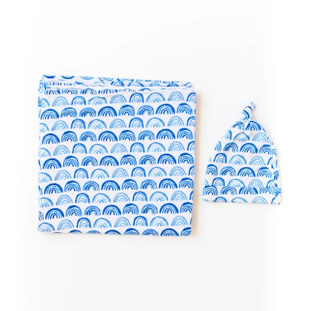 Little Sleepies Blue Rainbows Swaddle and Hat Set